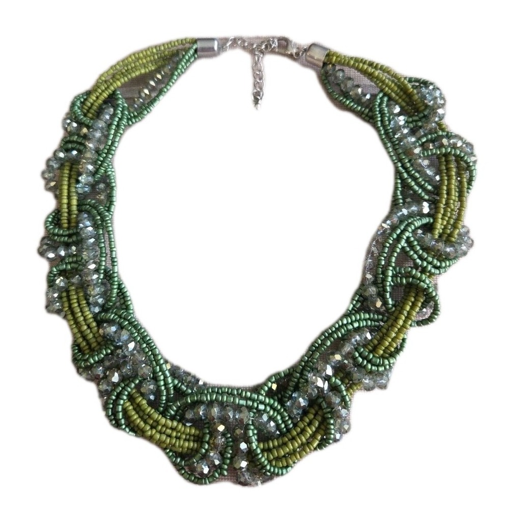Handmade Fairy Green Seed/Crystal Necklace Multi Strand Twist Silver Tone Clasp